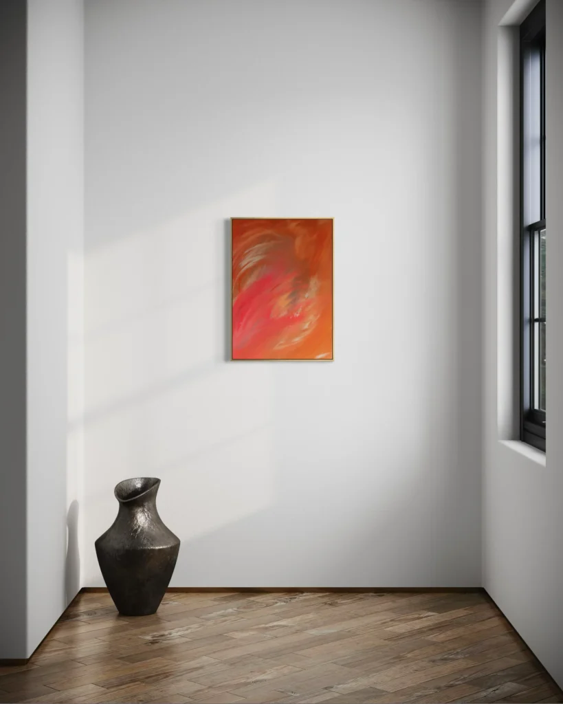 Expressive abstrakte Acrylkunst in Rot-, Orange- und Pinktönen mit dynamischer Bewegung