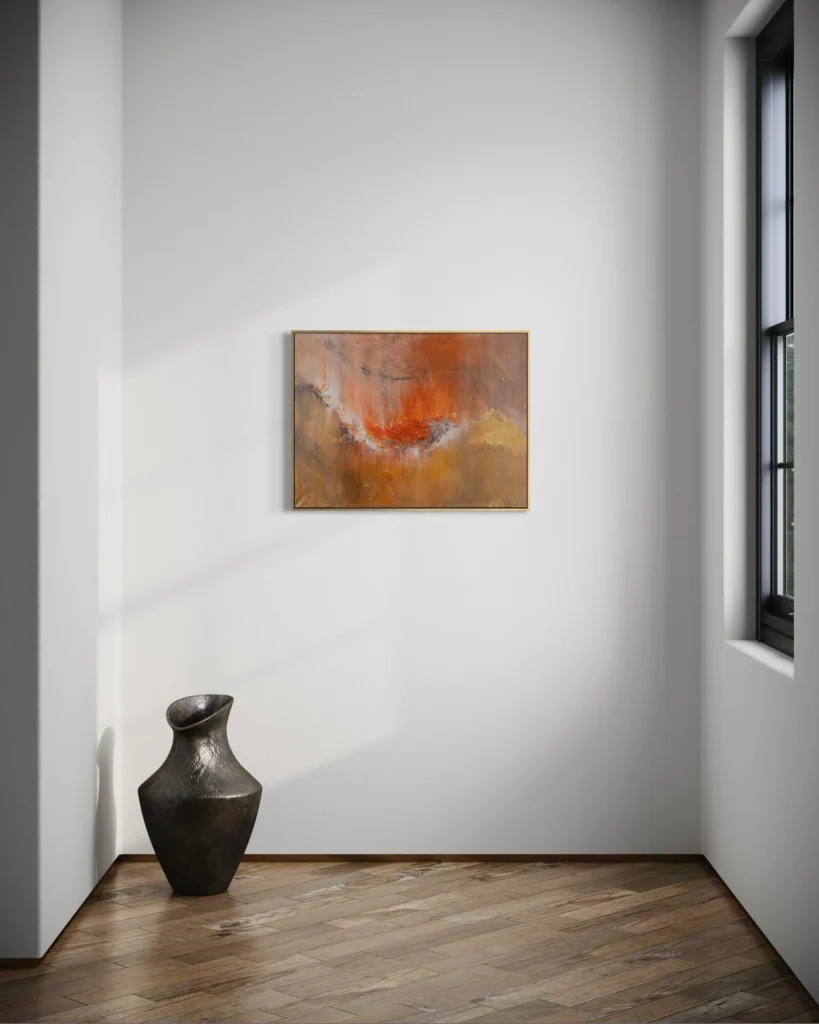 Abstrakte Acrylkunst in warmen Erd- und Kupfertönen mit leuchtendem Zentrum auf Leinwand.