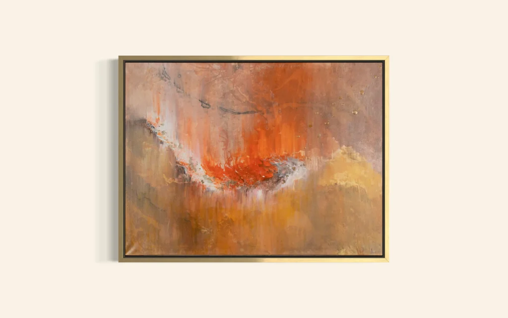 Abstrakte Acrylkunst in warmen Erd- und Kupfertönen mit leuchtendem Zentrum auf Leinwand.