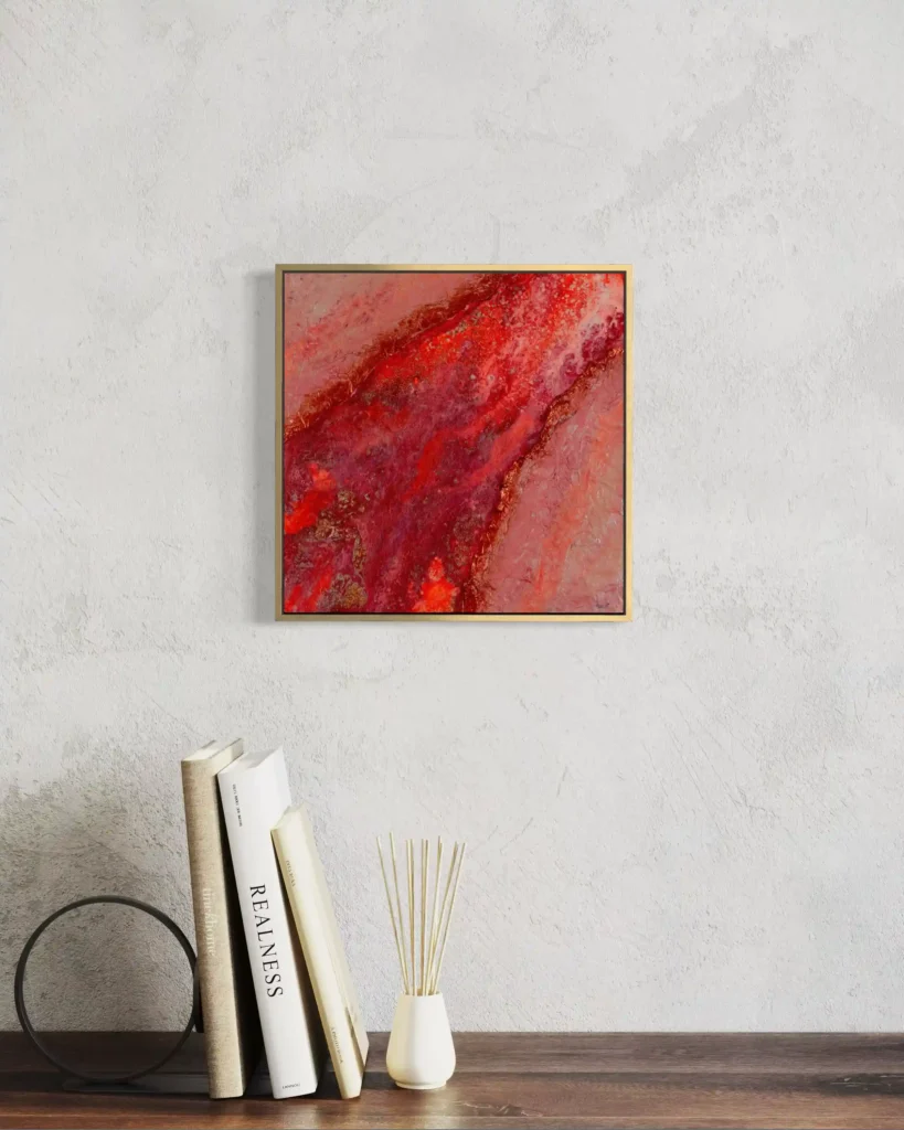 Strukturreiche abstrakte Acrylkunst in Rot-, Rosé- und Orangetönen auf Leinwand.
