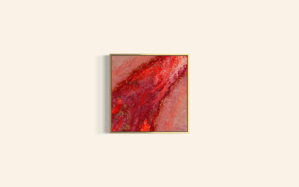Strukturreiche abstrakte Acrylkunst in Rot-, Rosé- und Orangetönen auf Leinwand.