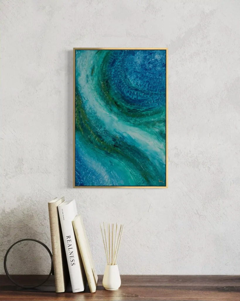 Abstrakte Acrylkunst in Blau- und Türkistönen mit spiralförmiger Bewegung und strukturierter Oberfläche.