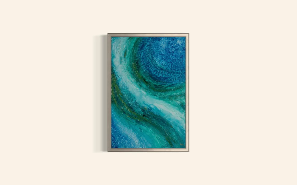 Abstrakte Acrylkunst in Blau- und Türkistönen mit spiralförmiger Bewegung und strukturierter Oberfläche.
