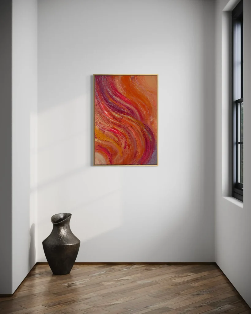 Abstraktes Acrylgemälde mit fließenden Rot-, Orange- und Violetttönen in dynamischer Struktur auf Leinwand