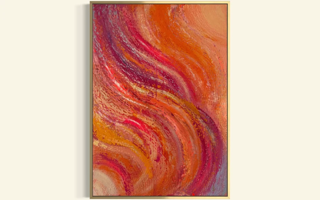 Abstraktes Acrylgemälde mit fließenden Rot-, Orange- und Violetttönen in dynamischer Struktur auf Leinwand