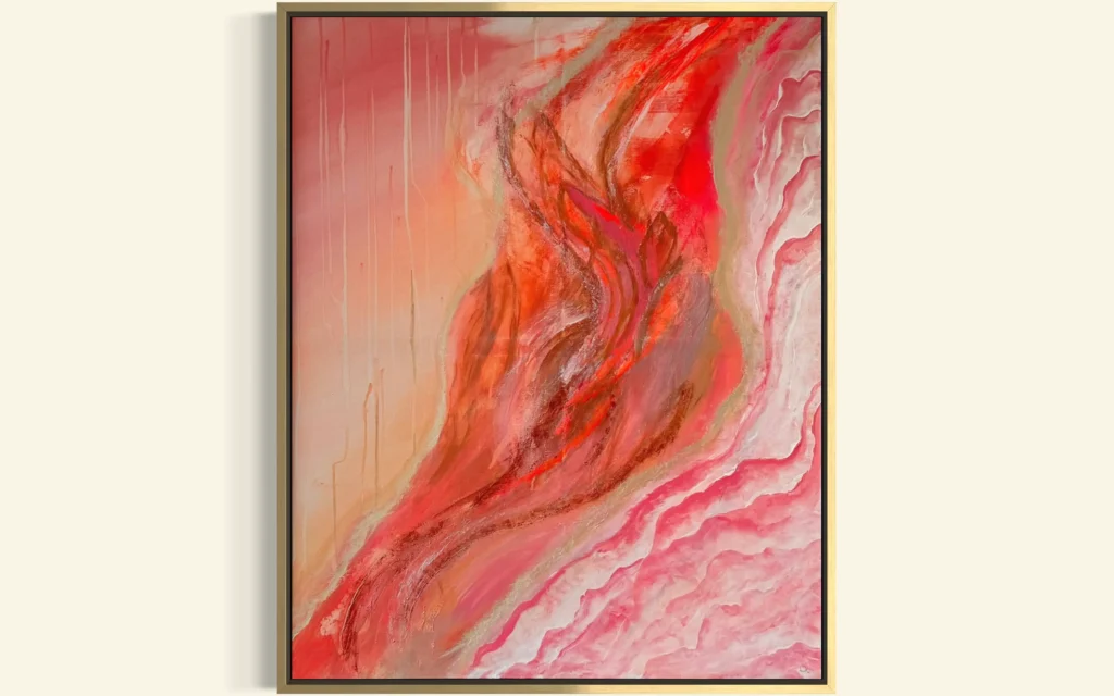 Abstrakte Acrylkunst in Rosé-, Korall- und Orangetönen mit fließender organischer Bewegung.